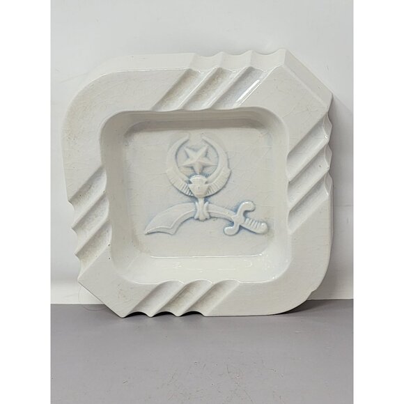 Vintage White Ceramic Ashtray With Blue Sword & Star Design - Picture 5 of 10